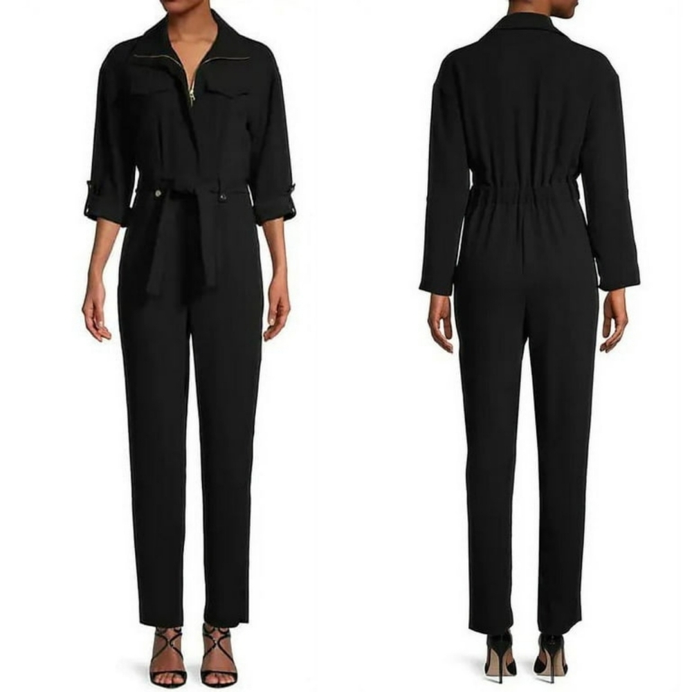 London Times Women's Crepe Wrap Jumpsuit - Belted, Sleeveless, Black